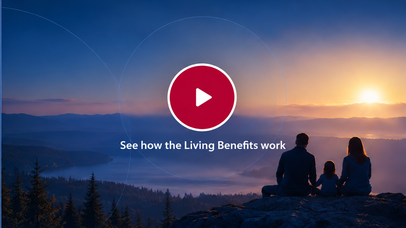 Sunset overlooking a mountain lake, with a family and a play symbol above the message: See how the Living Benefits work